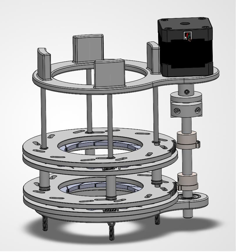 SolidWorks assembly of the double-iris feed mechanism, showing the two stacked shutter stages and the stepper drive