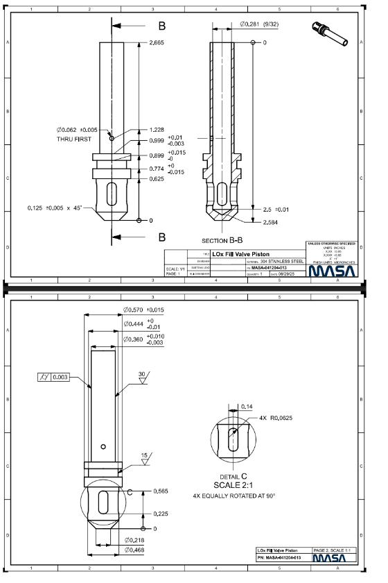 Detail drawing of the valve piston with section views and dimensioned features.