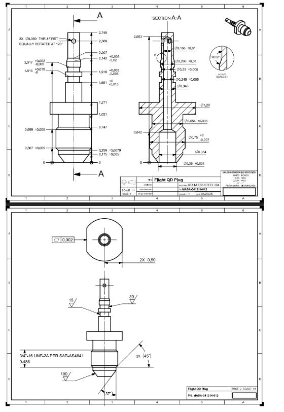 Detail drawing of the QD plug with section view and thread callouts.