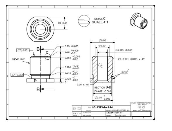 Detail drawing of the fill valve inlet with a 4:1 detail of the seat edge.