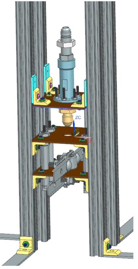 Isometric CAD view of the separation test fixture: the valve mounted vertically in an extruded aluminium frame.