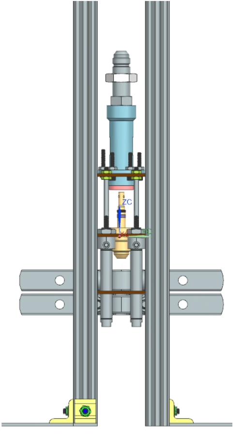 Front CAD view of the separation test fixture showing the sliding plate that carries the QD plug.