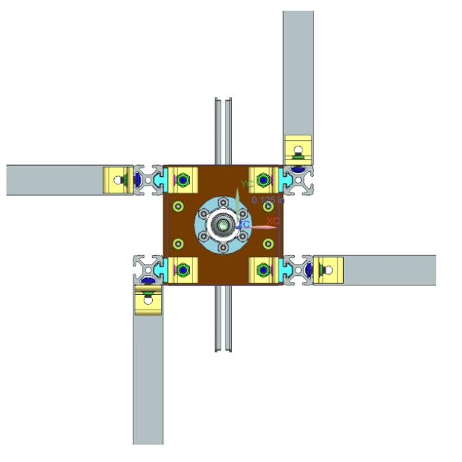 Top CAD view of the separation test fixture showing the cross-braced base.