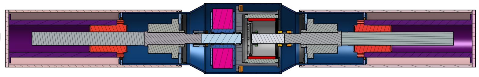 Flat section of the full-scale device along its full length, showing the two sealing tubes and the central bulge housing.