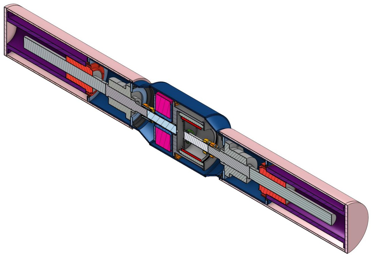 Isometric section view of the full-scale inline load absorber, showing roller screw, flywheel and generator inside a sealed tube